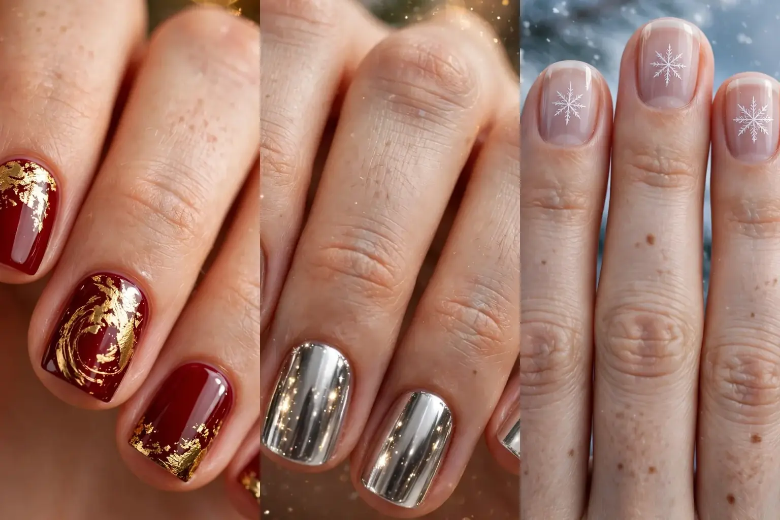 Three-panel collage of holiday nail ideas for short nails: deep red nails with gold foil, reflective silver chrome nails, and nude nails with white snowflake art