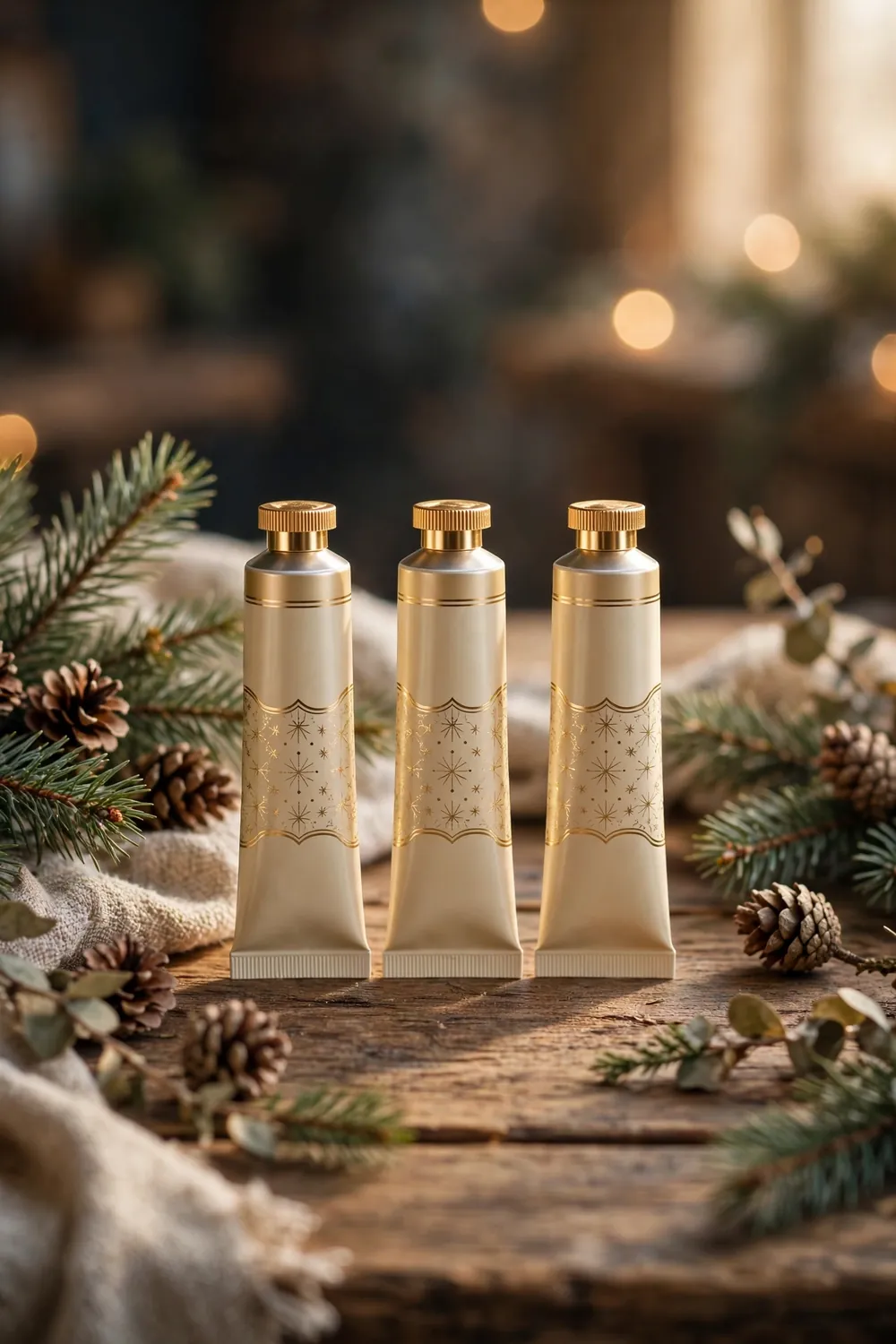 Three mini luxury hand creams in festive packaging with pine sprigs