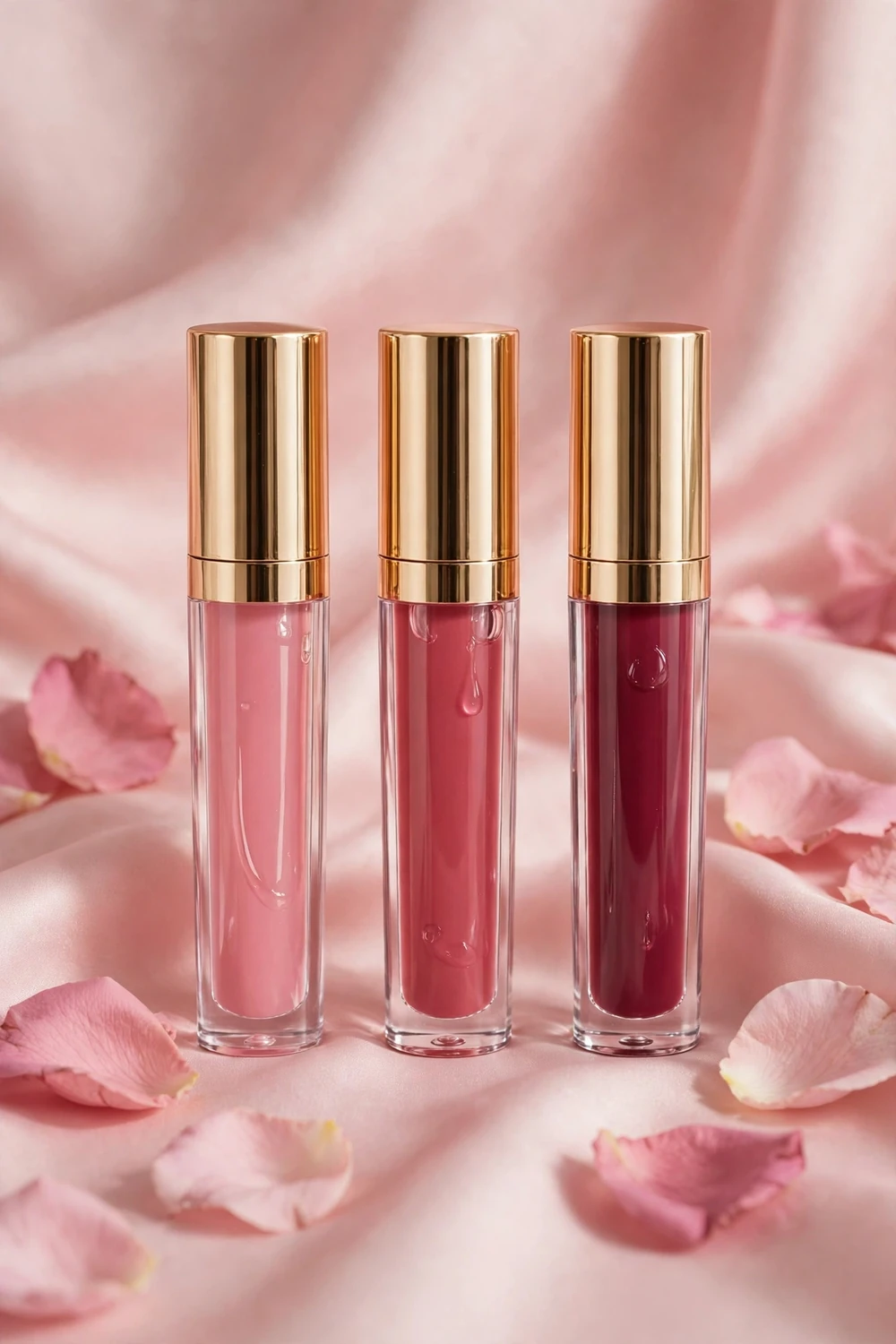 Glossy lip oil tubes in pink and berry shades with rose petals