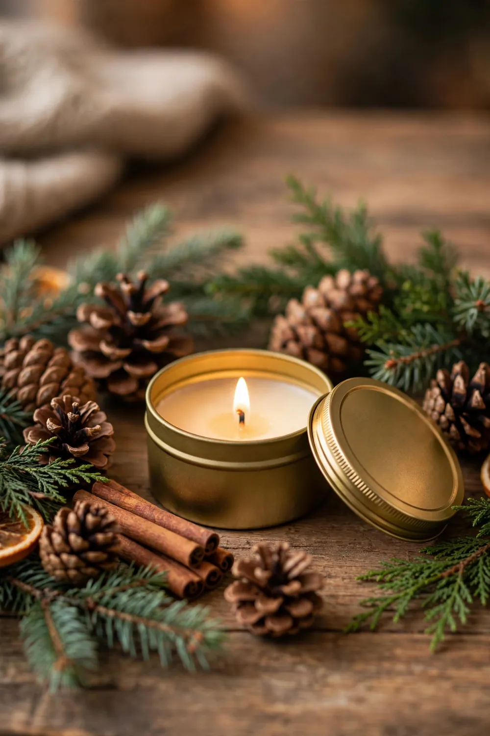 Mini luxury scented candle in gold tin with pine cones