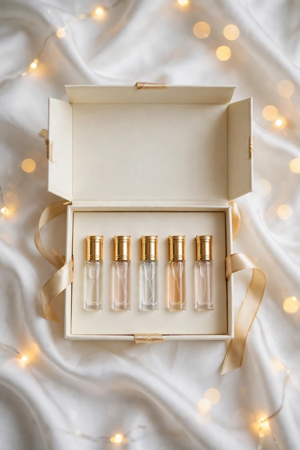 Five mini perfume vials in an elegant gift box with gold accents