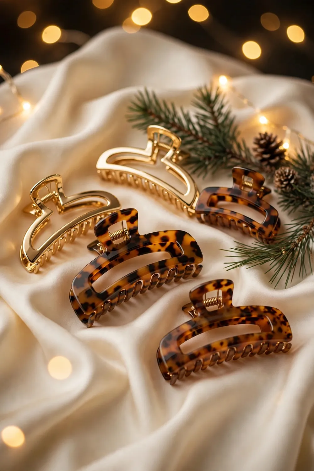 Gold and tortoise shell claw clips arranged on silk fabric