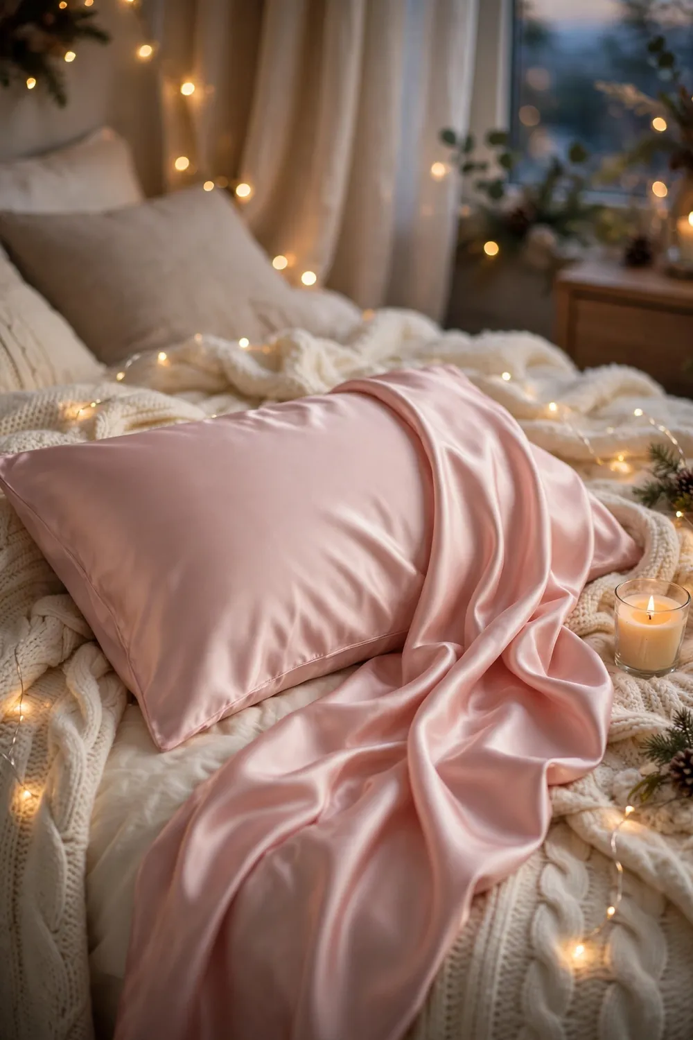 Blush pink satin pillowcase draped on a bed with fairy lights