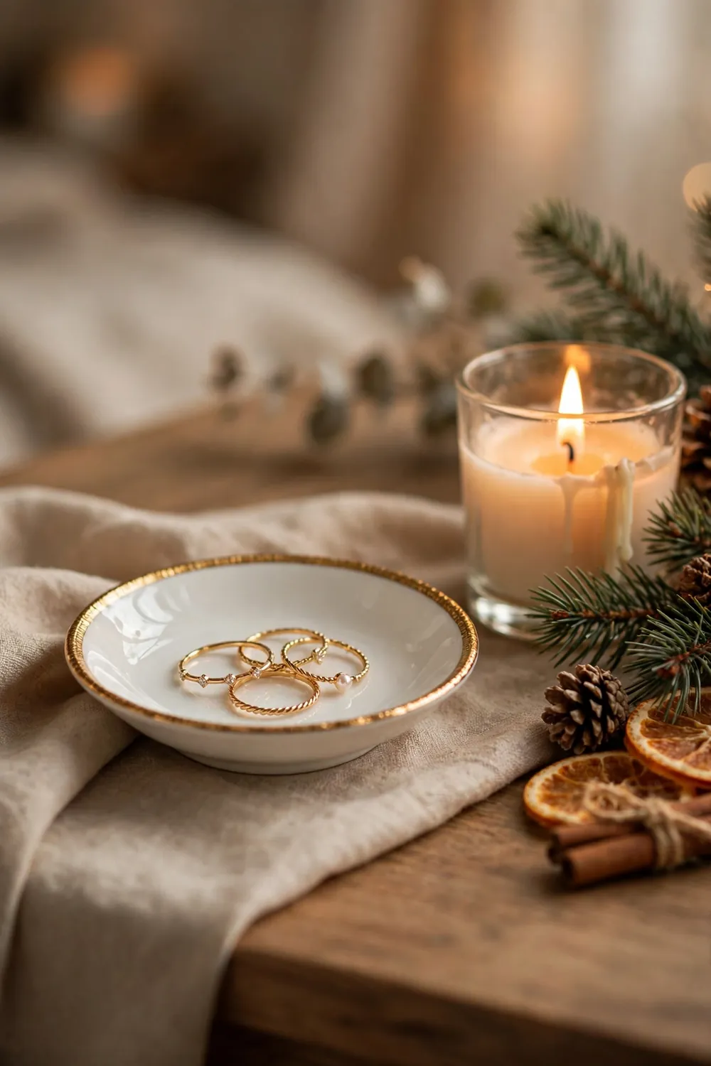 Gold rimmed ceramic jewellery dish holding rings on a vanity