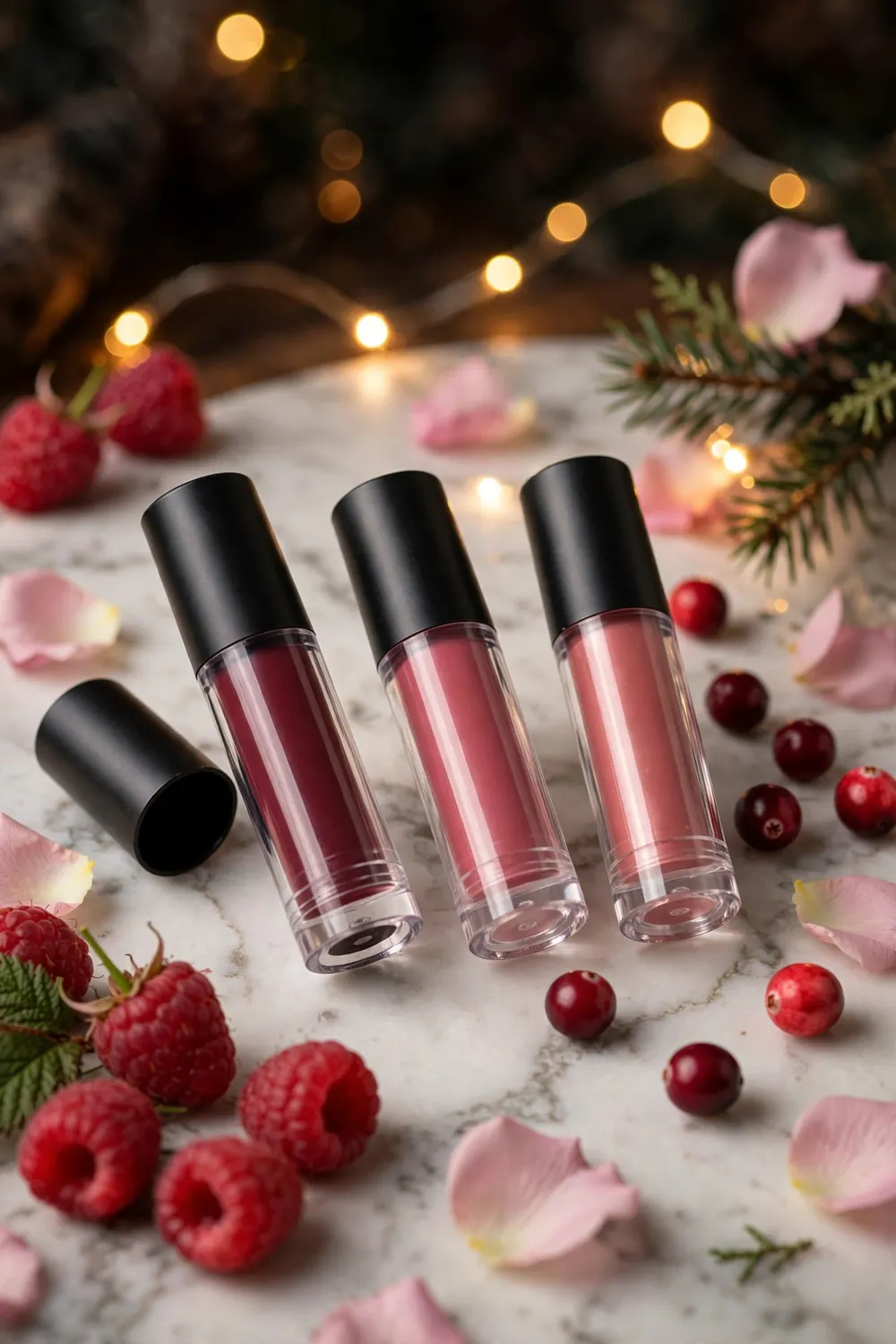 Tinted lip balms in berry and rose shades with fresh berries