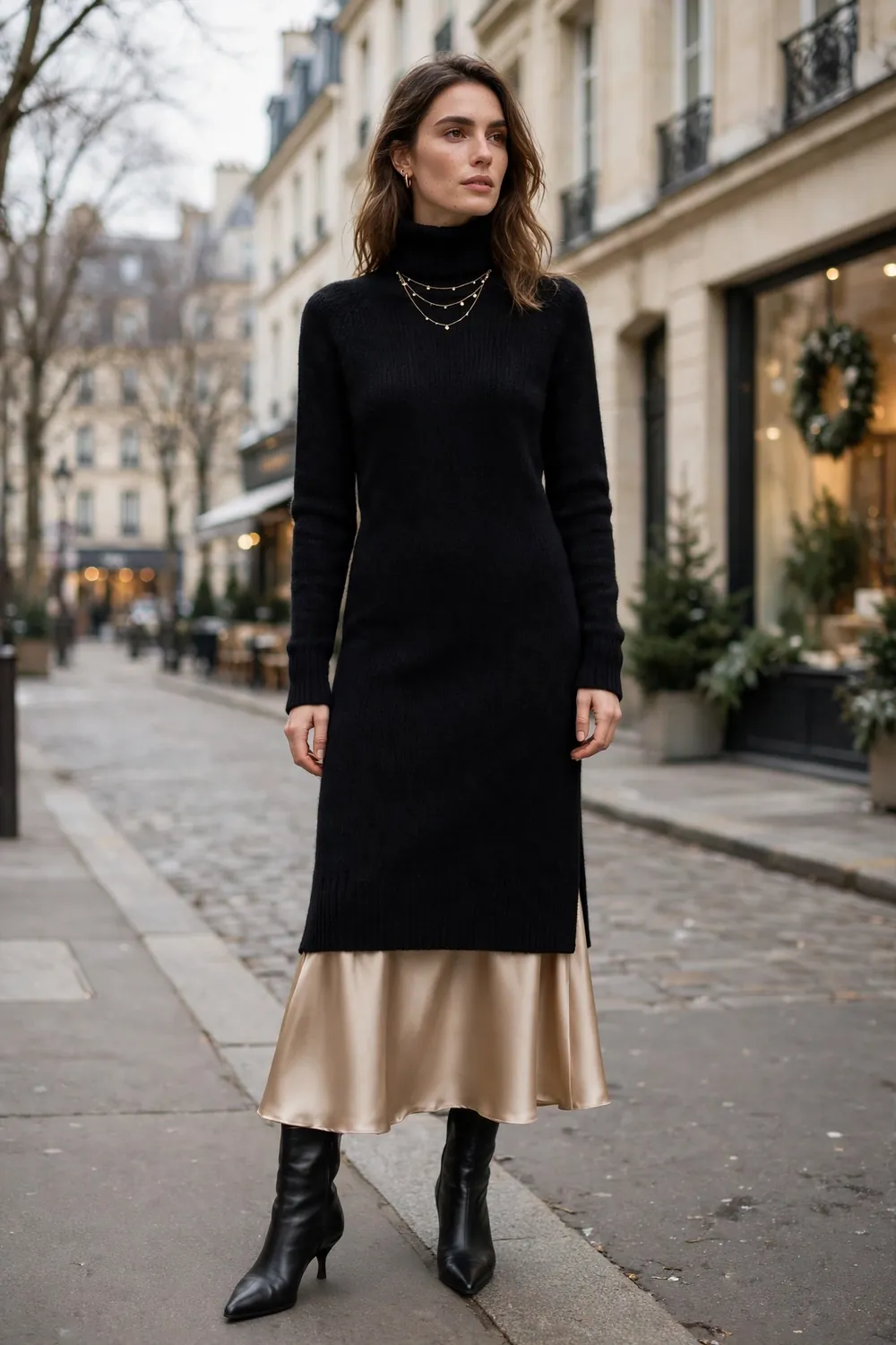 Woman in a black turtleneck sweater dress layered over a champagne satin skirt with heeled boots