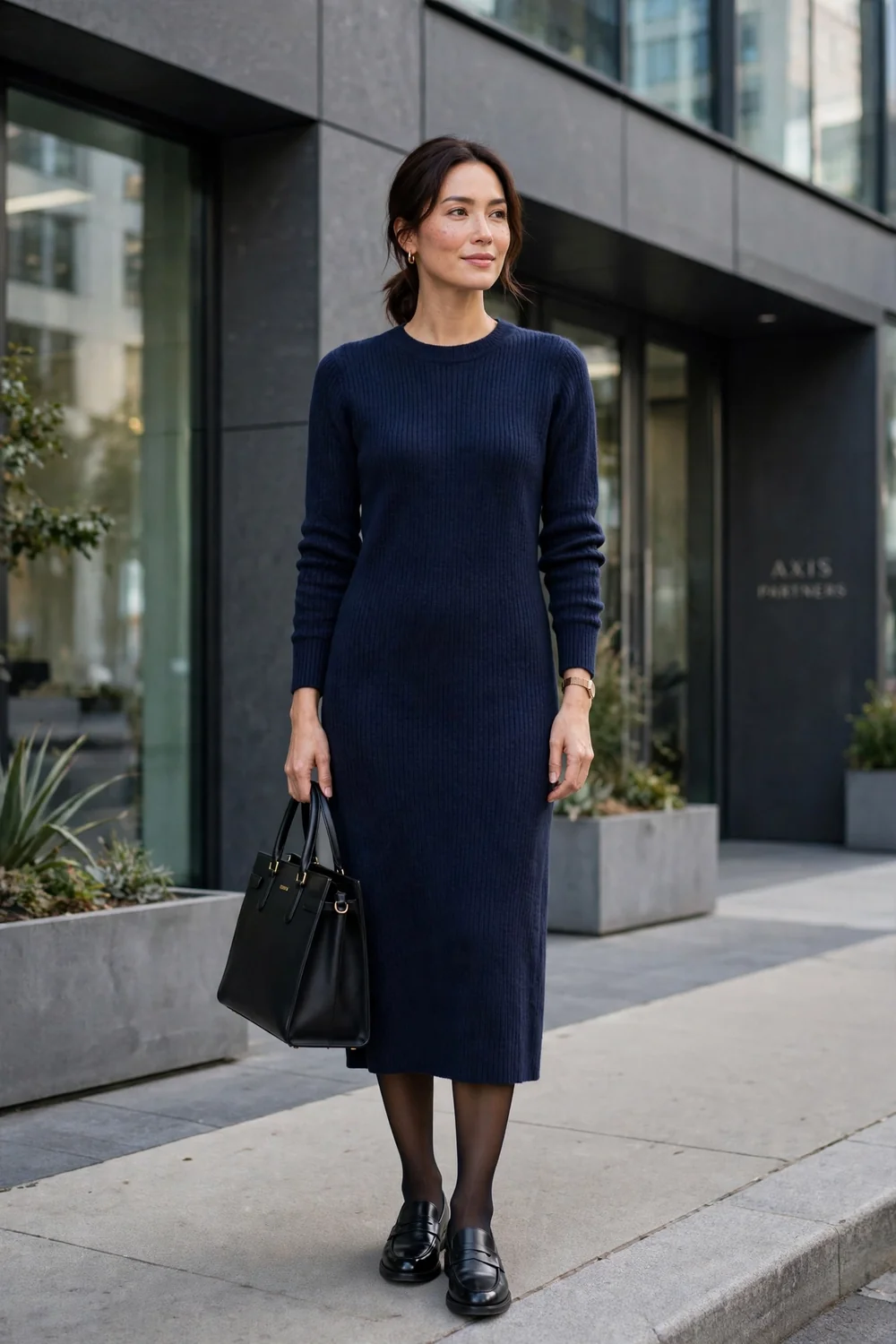 Woman in a navy midi sweater dress with black loafers and a structured tote at the office