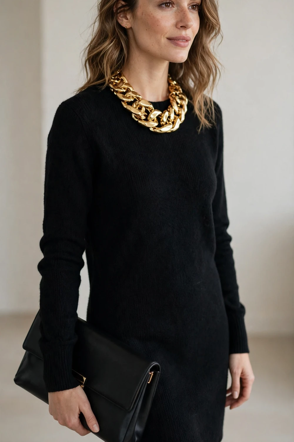 Woman in a simple black sweater dress with a chunky gold statement necklace