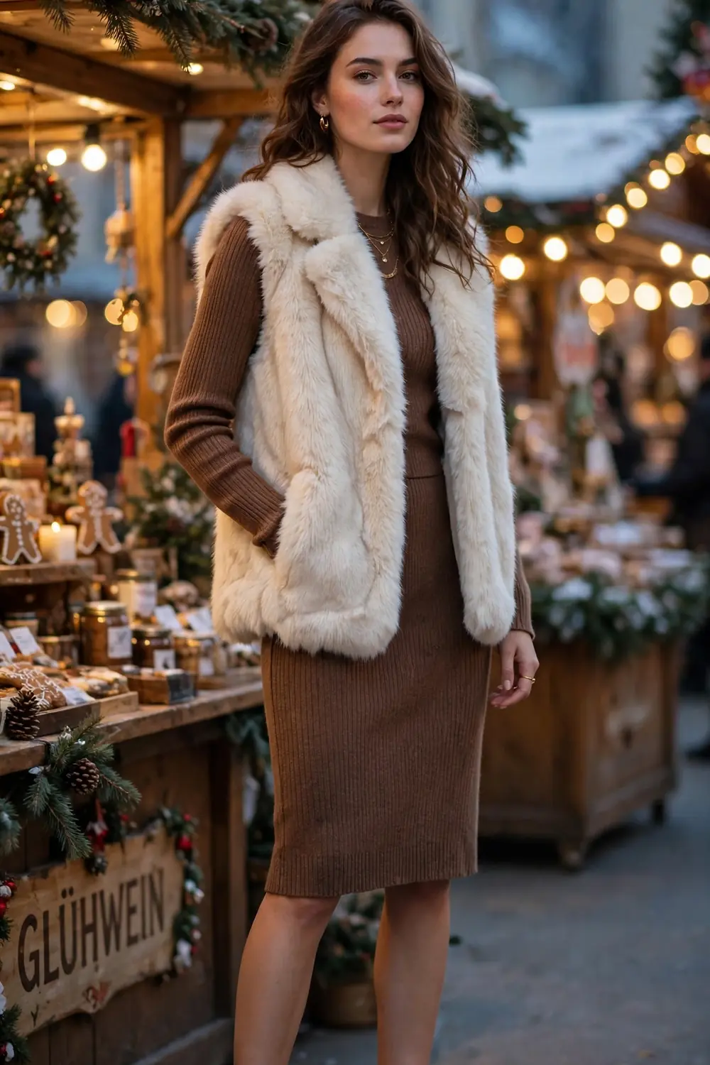 Woman in a brown sweater dress layered with a cream faux fur vest and ankle boots