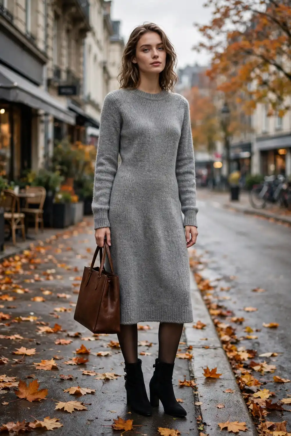 Woman in a grey sweater dress with sheer black tights and black heeled ankle boots