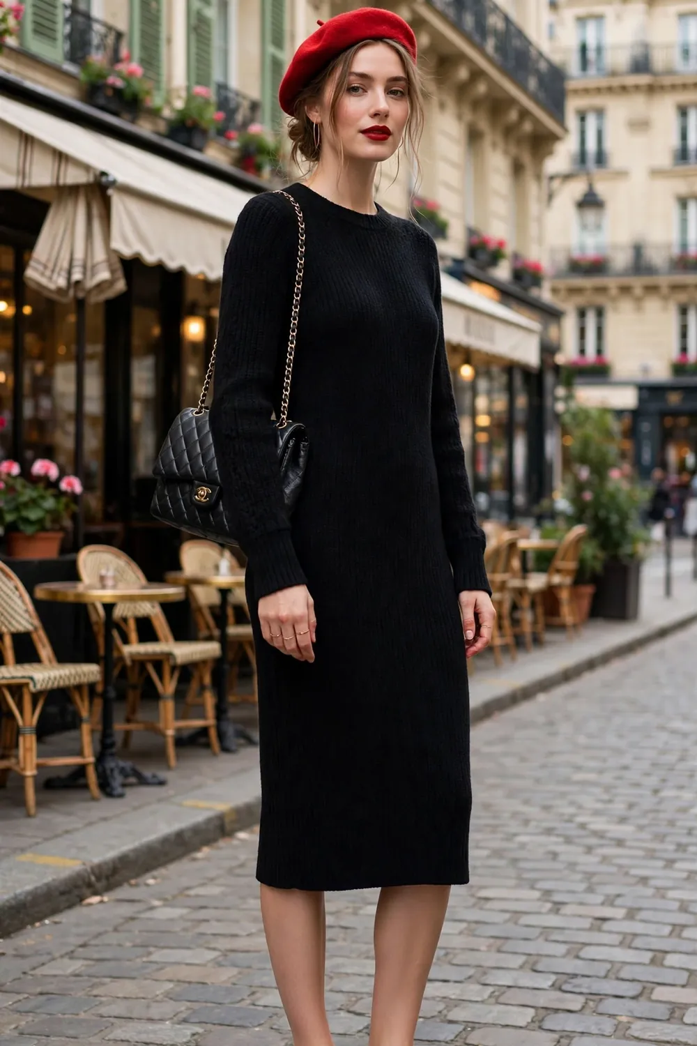 Woman in a red beret and a black sweater dress with Mary Jane flats on a Paris street