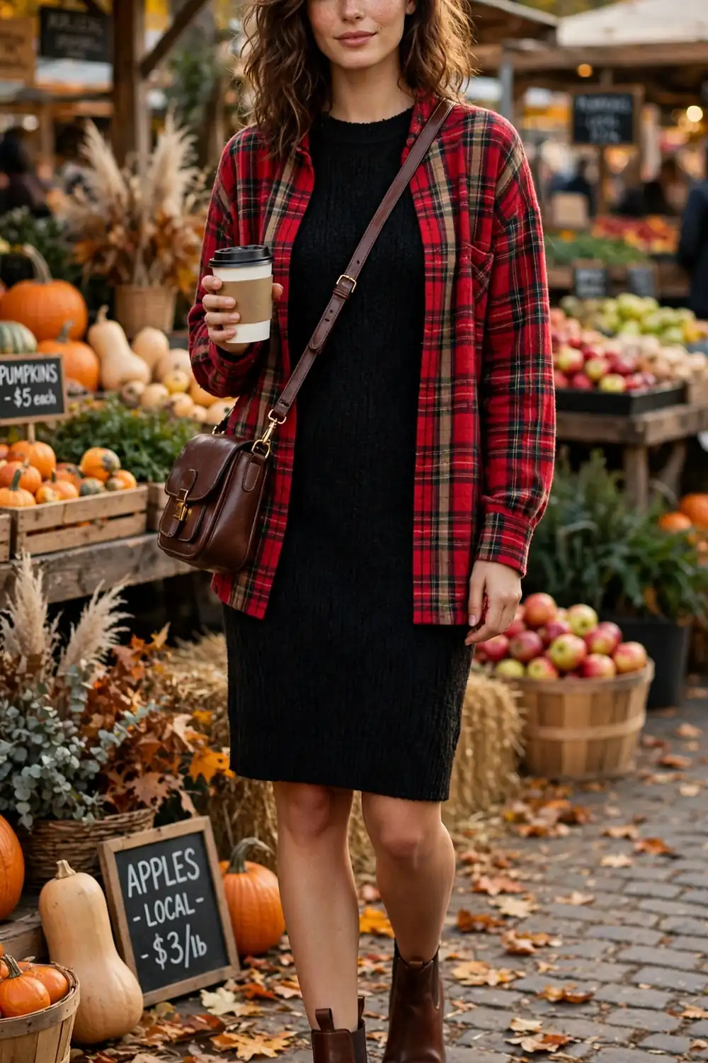 Woman in a black sweater dress with a red plaid shacket and Chelsea boots