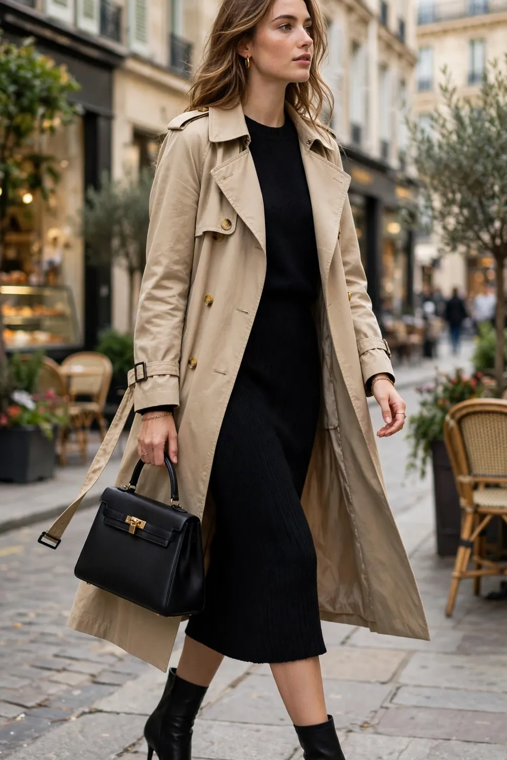 Woman in a black midi sweater dress with a beige trench coat and heeled boots on a city street