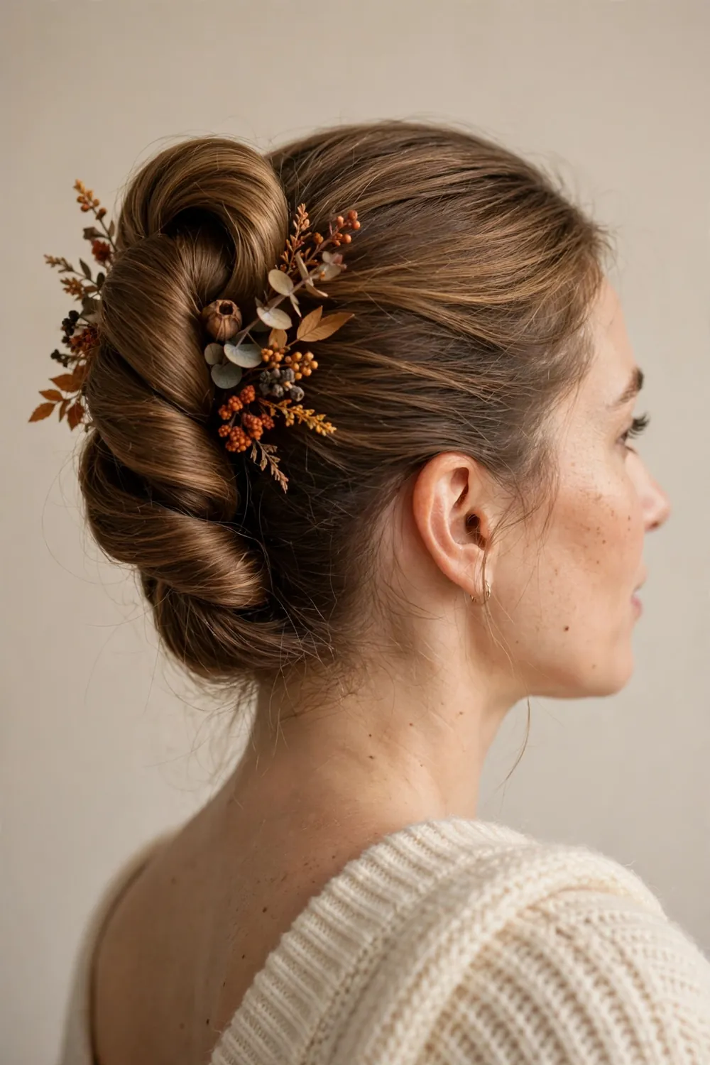 Elegant classic French twist hairstyle on a woman wearing a festive dress