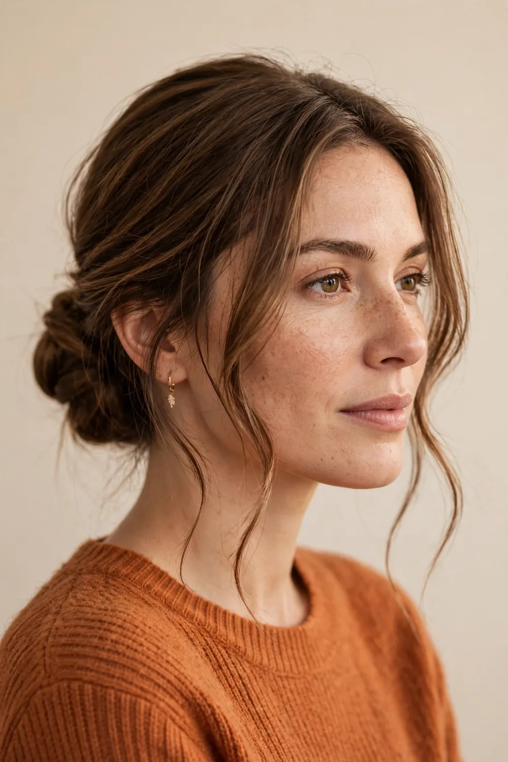 Low chignon hairstyle with soft face framing pieces and gold earrings