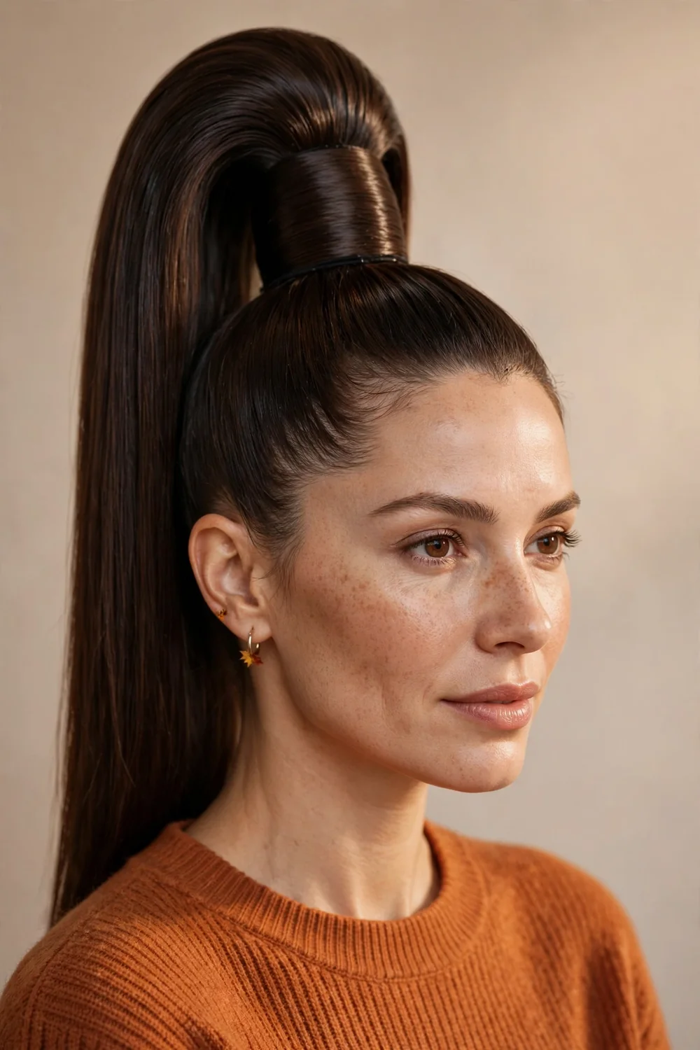 Sleek high ponytail with wrapped base on a woman with glossy hair
