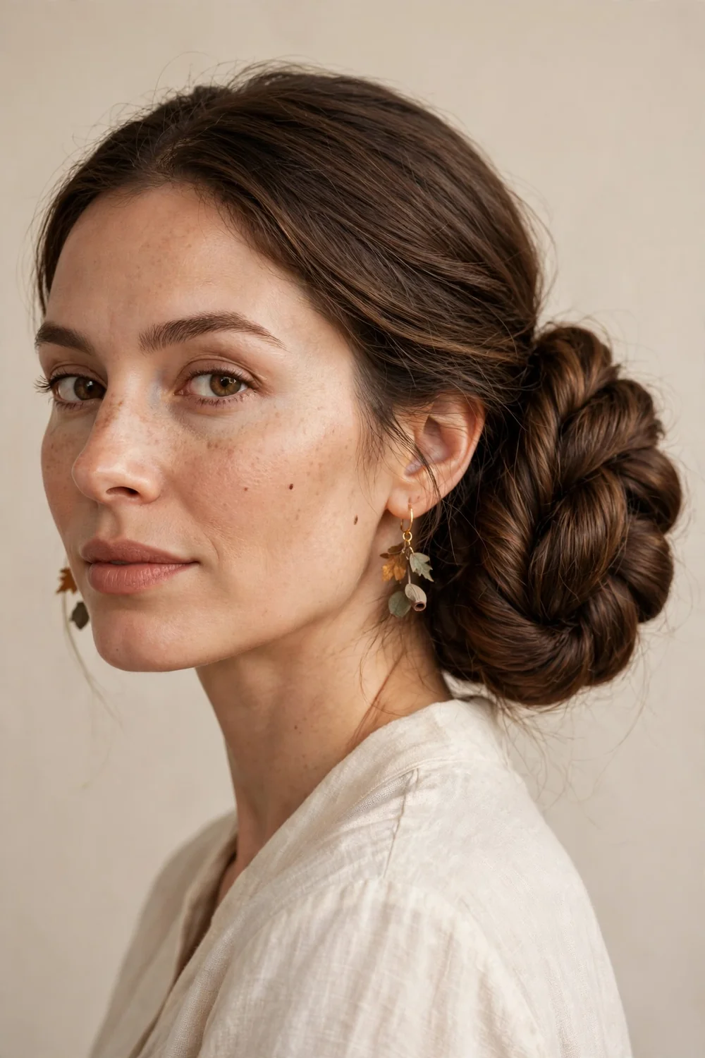 Twisted low bun hairstyle with rope twists pinned at the nape