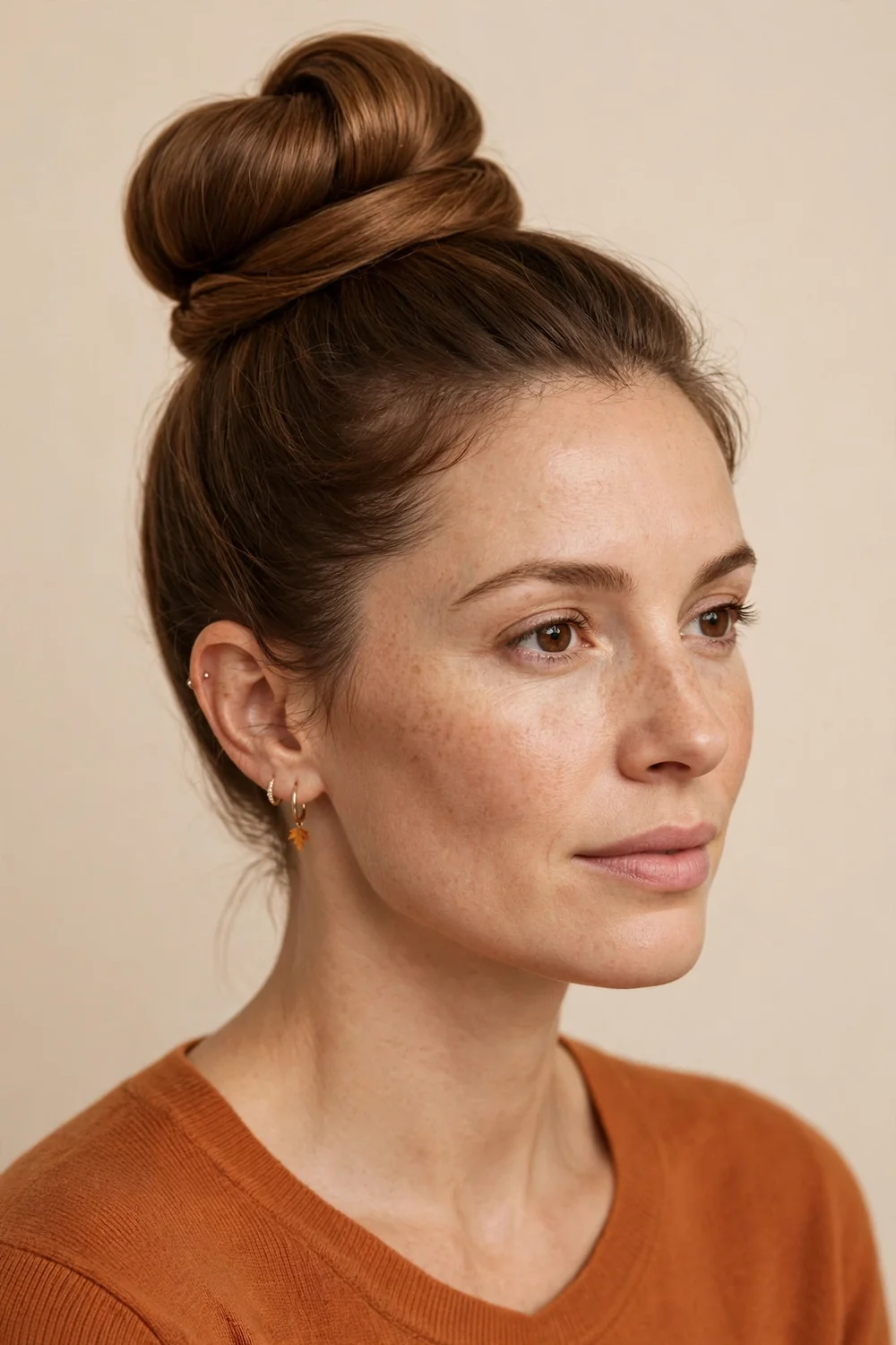 Polished elegant top knot hairstyle on a woman with smooth hair