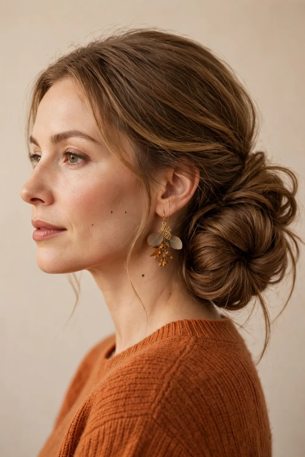 Side swept low bun hairstyle with soft waves and a decorative pin