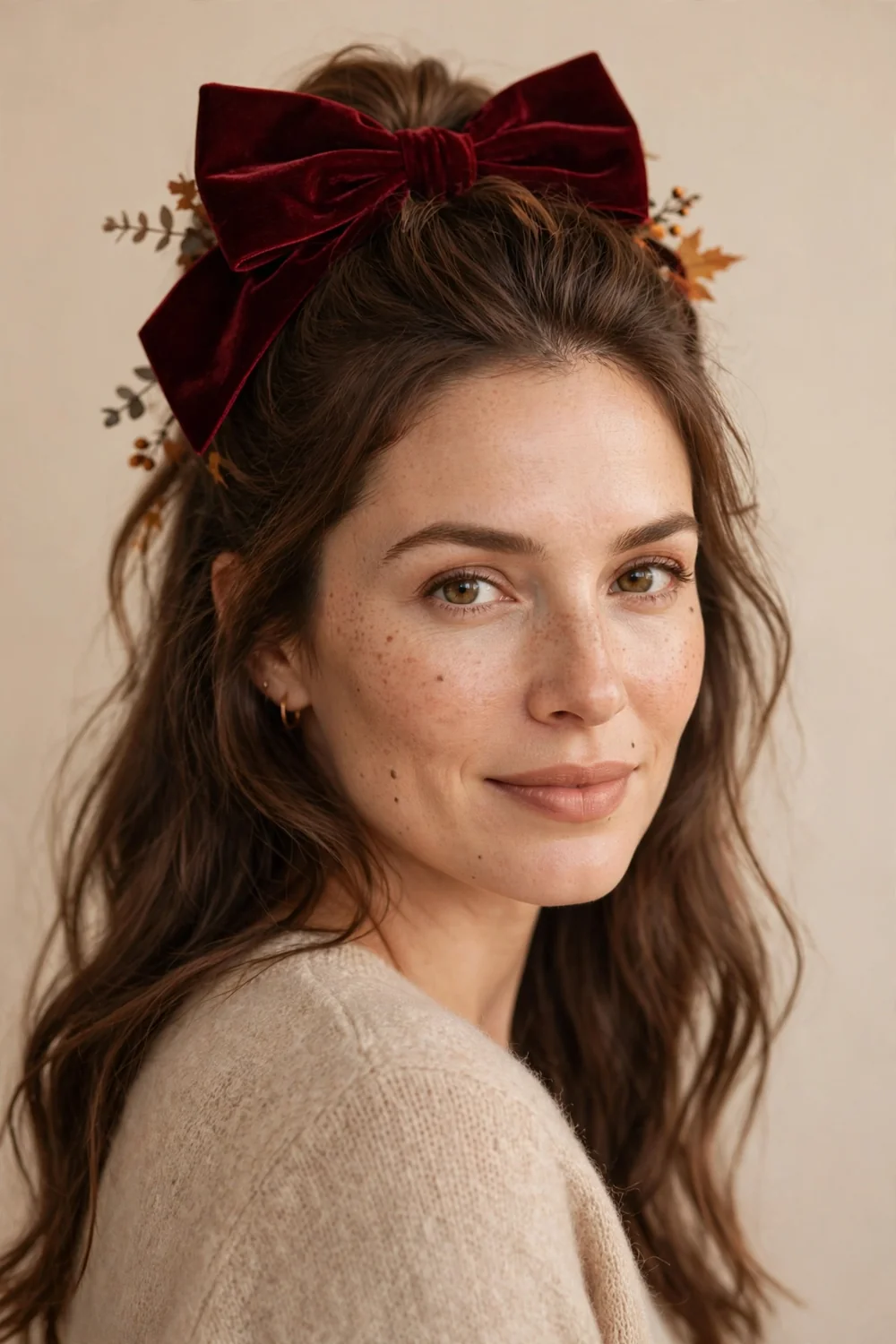 Half up hairstyle with a burgundy velvet bow and curled hair