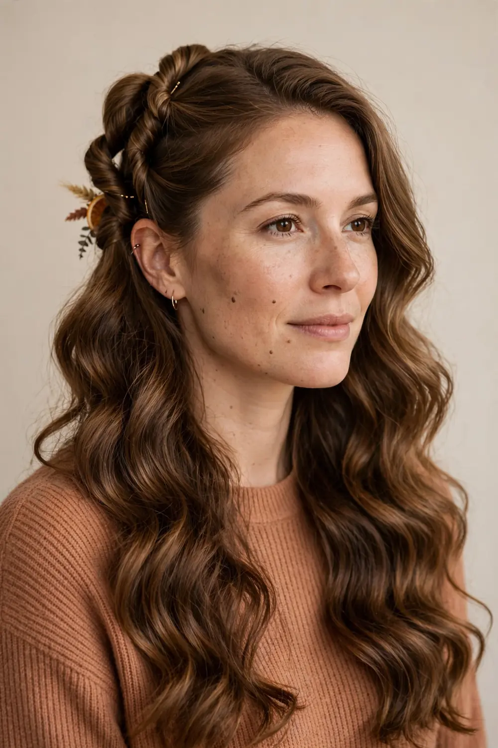 Half up twisted crown hairstyle with soft waves falling down