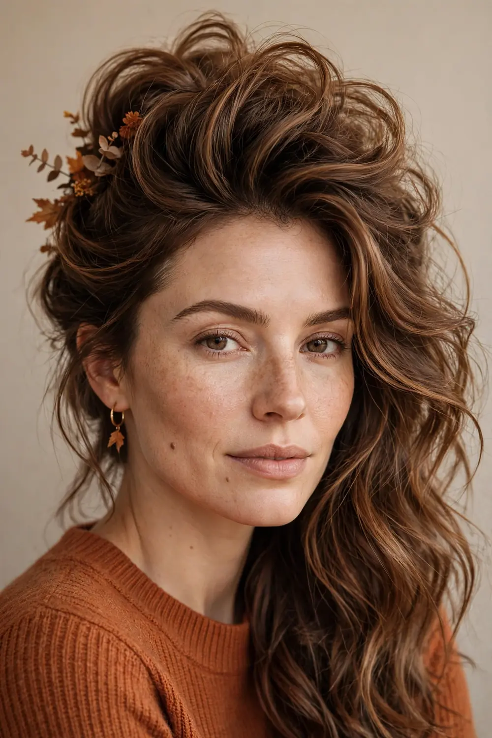 Voluminous half up waves with pinned back crown and soft curls
