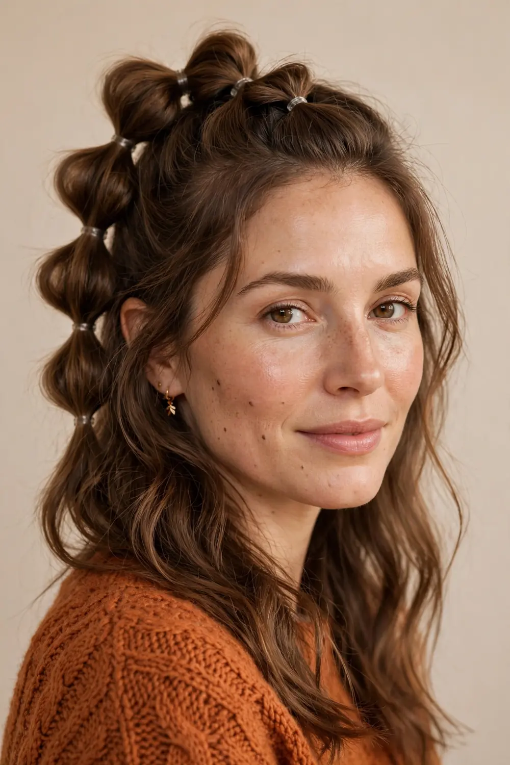 Half up bubble braid with full rounded sections and festive ribbon