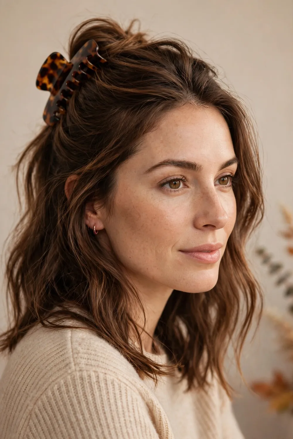 Half up hairstyle secured with a tortoise claw clip on wavy hair
