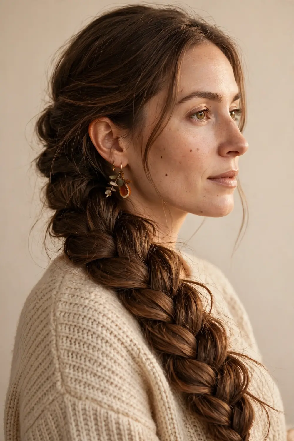 Loose side braid draped over the shoulder with face framing curls