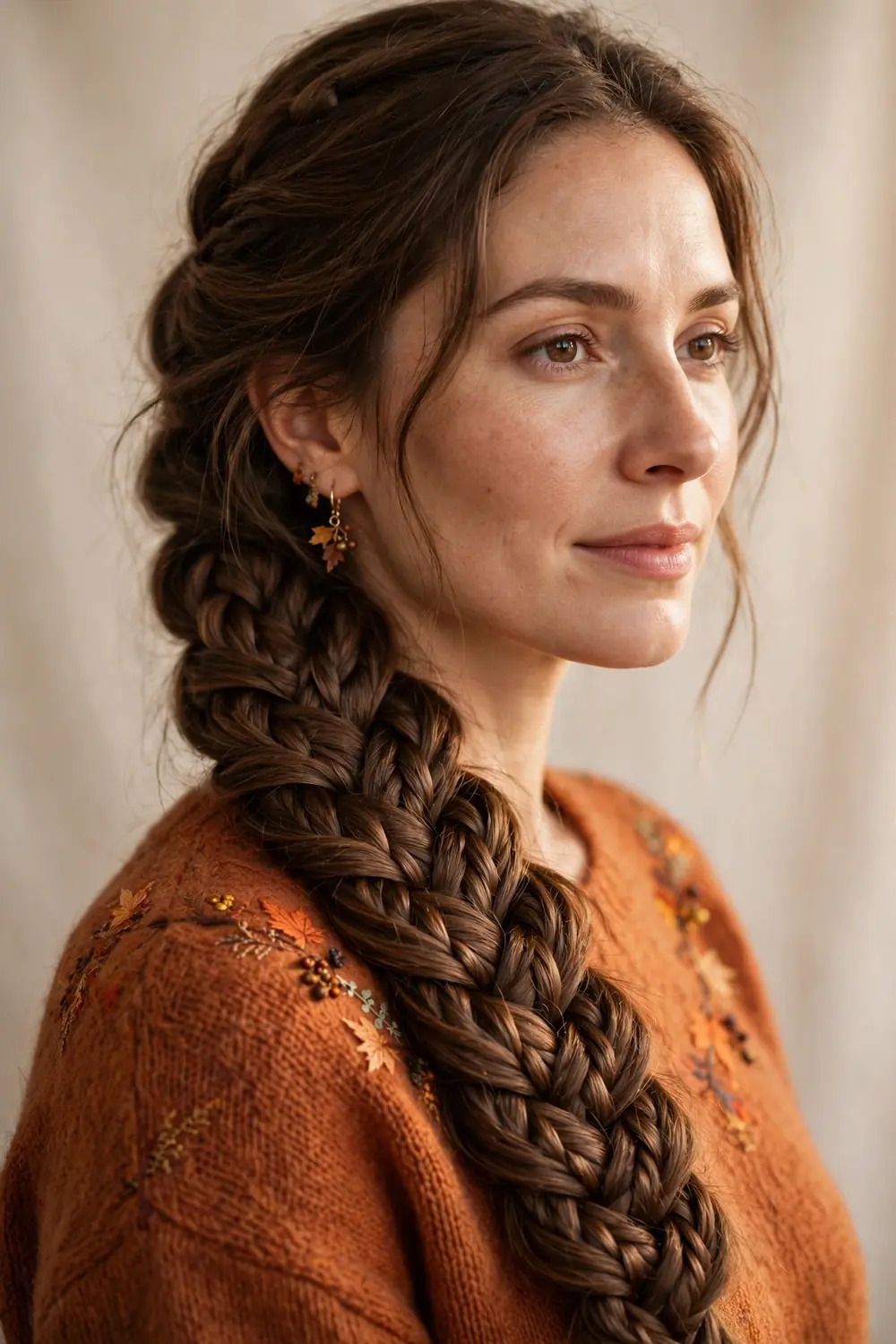 Fishtail braid worn over the shoulder with soft pulled edges