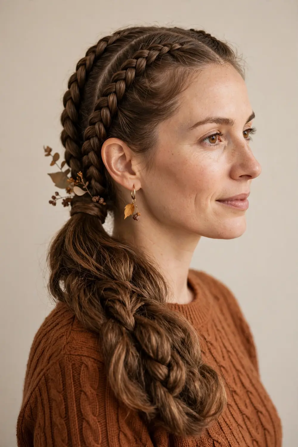 Double Dutch braids leading into a sleek low ponytail with wrapped base