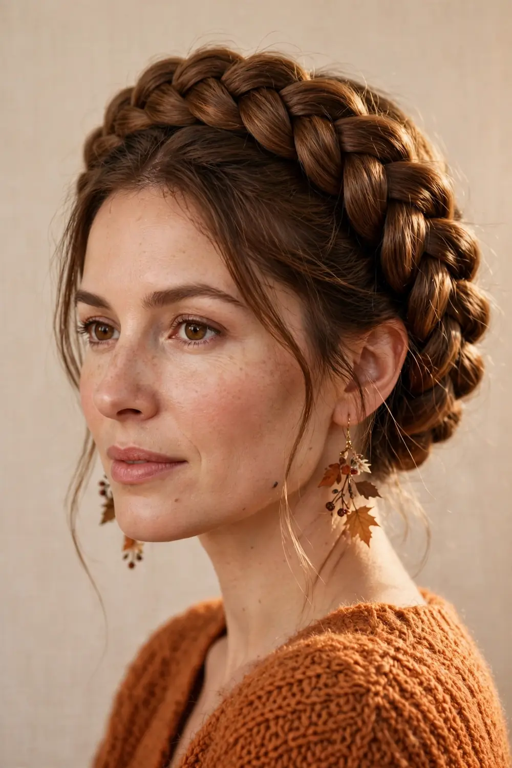 Crown braid wrapped around the head like a halo on festive hair
