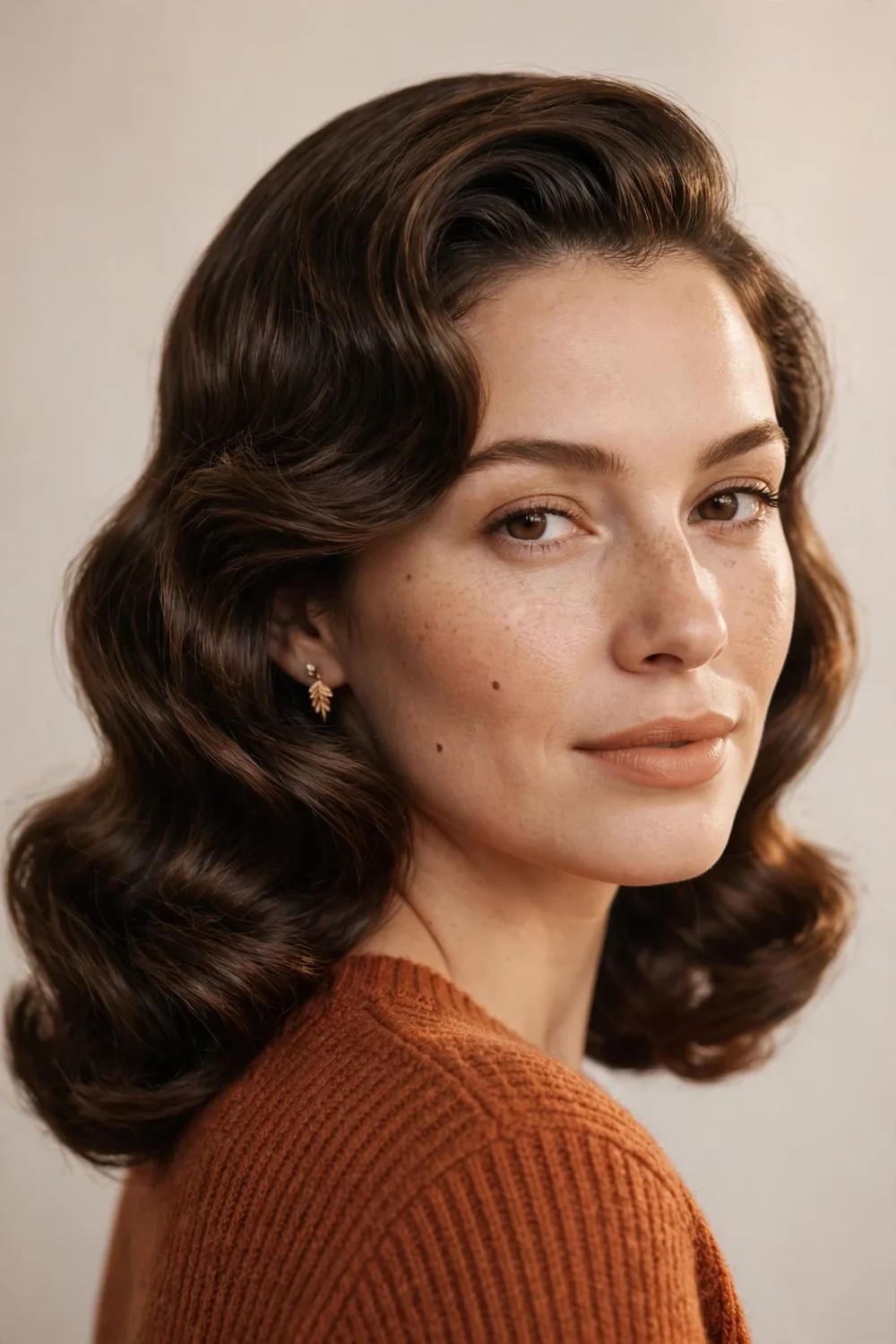 Soft Hollywood waves with a deep side part and glossy shine