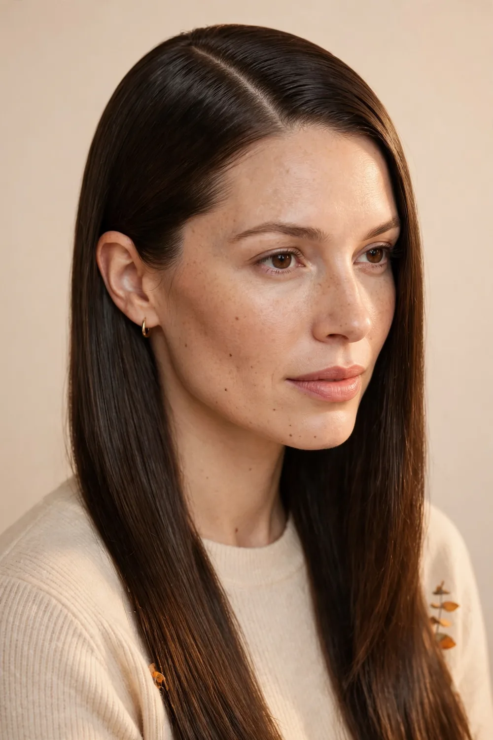 Polished straight hair with a deep side part and mirror shine