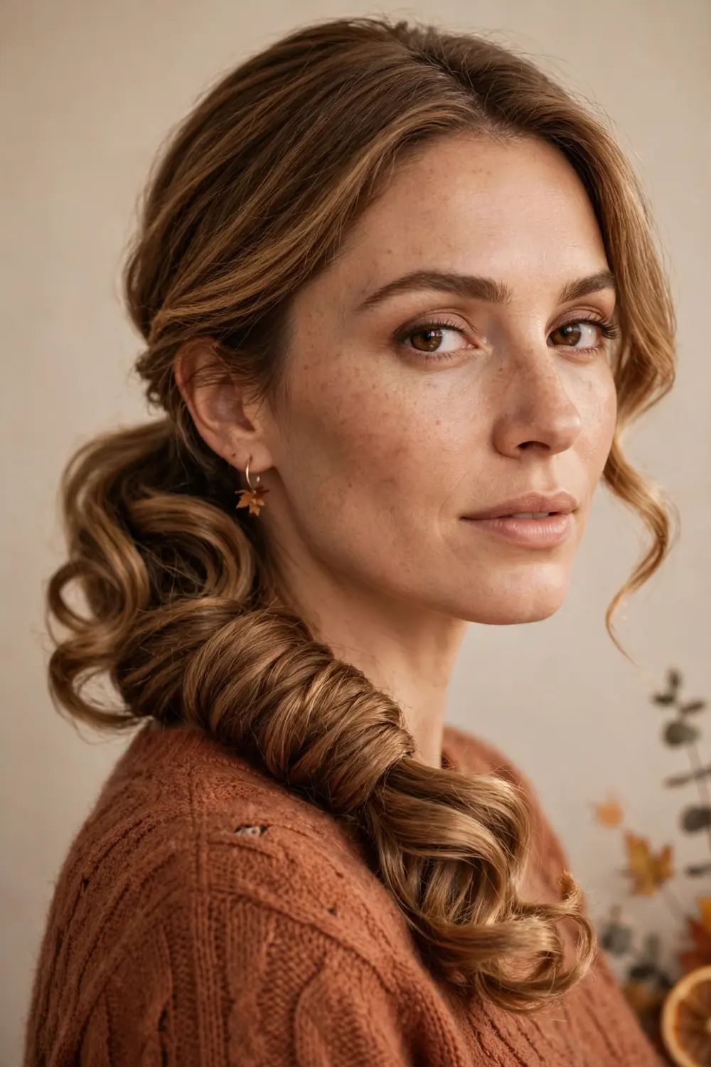 Curled low ponytail with a wrapped base and soft curls