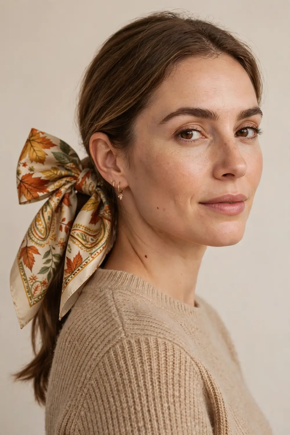 Ponytail tied with a printed silk scarf in autumn tones