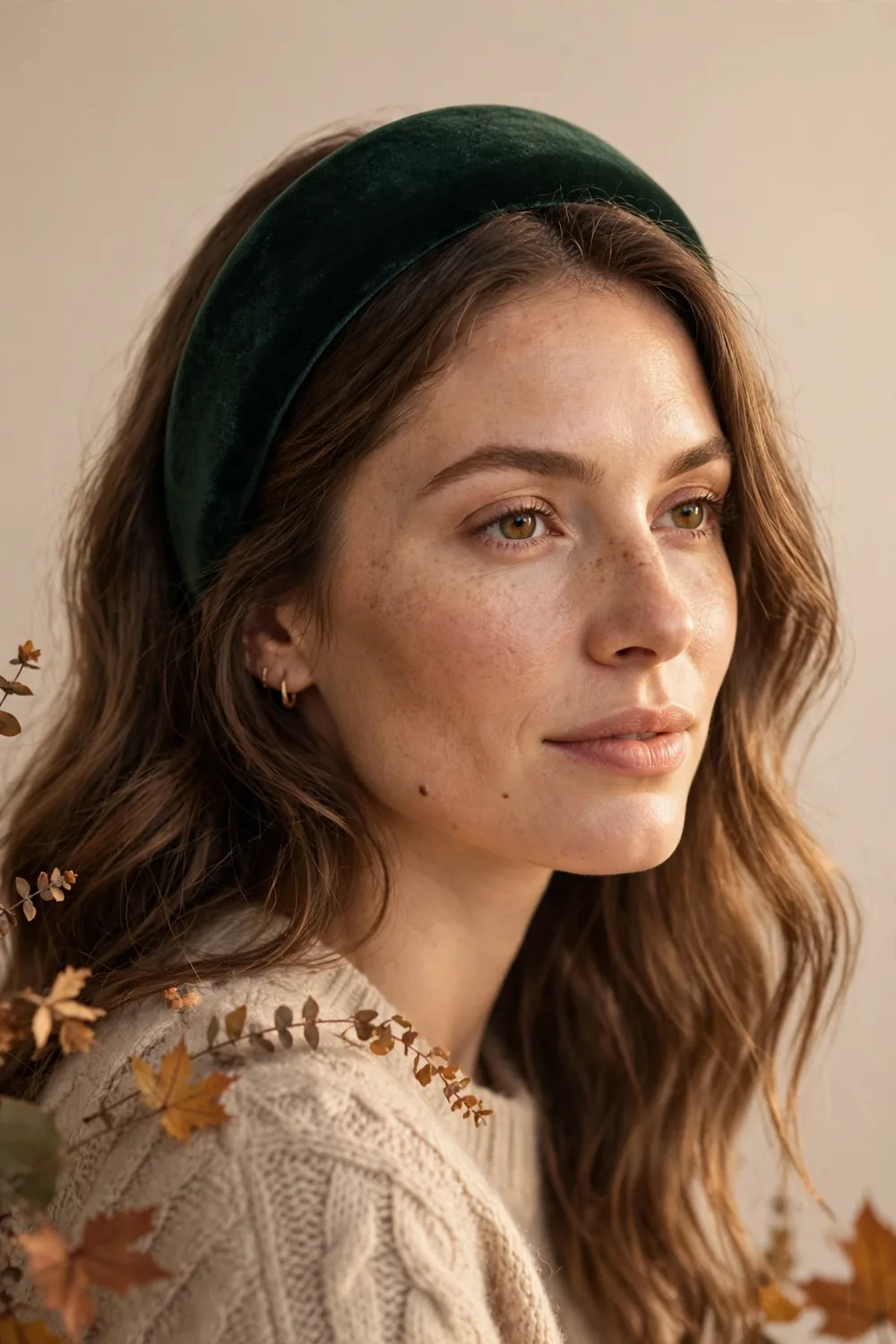 Velvet headband with soft waves on a woman with festive makeup