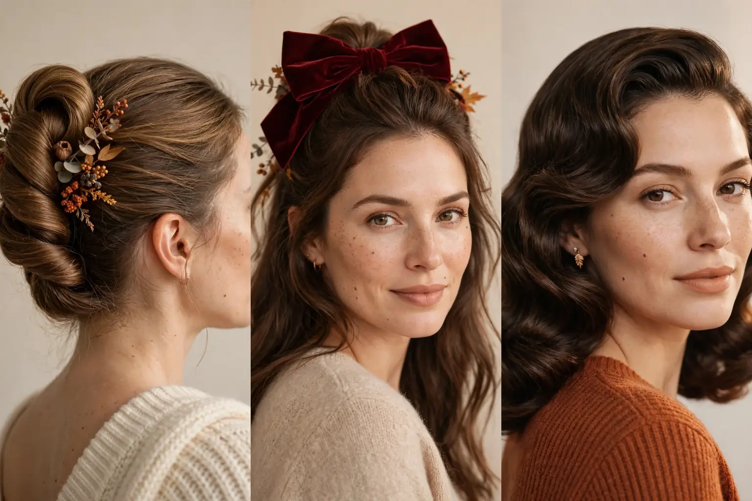 Collage of three Thanksgiving hairstyle ideas for women