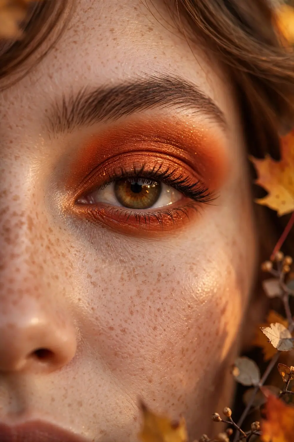 Burnt orange eyeshadow blended across eyelids for fall