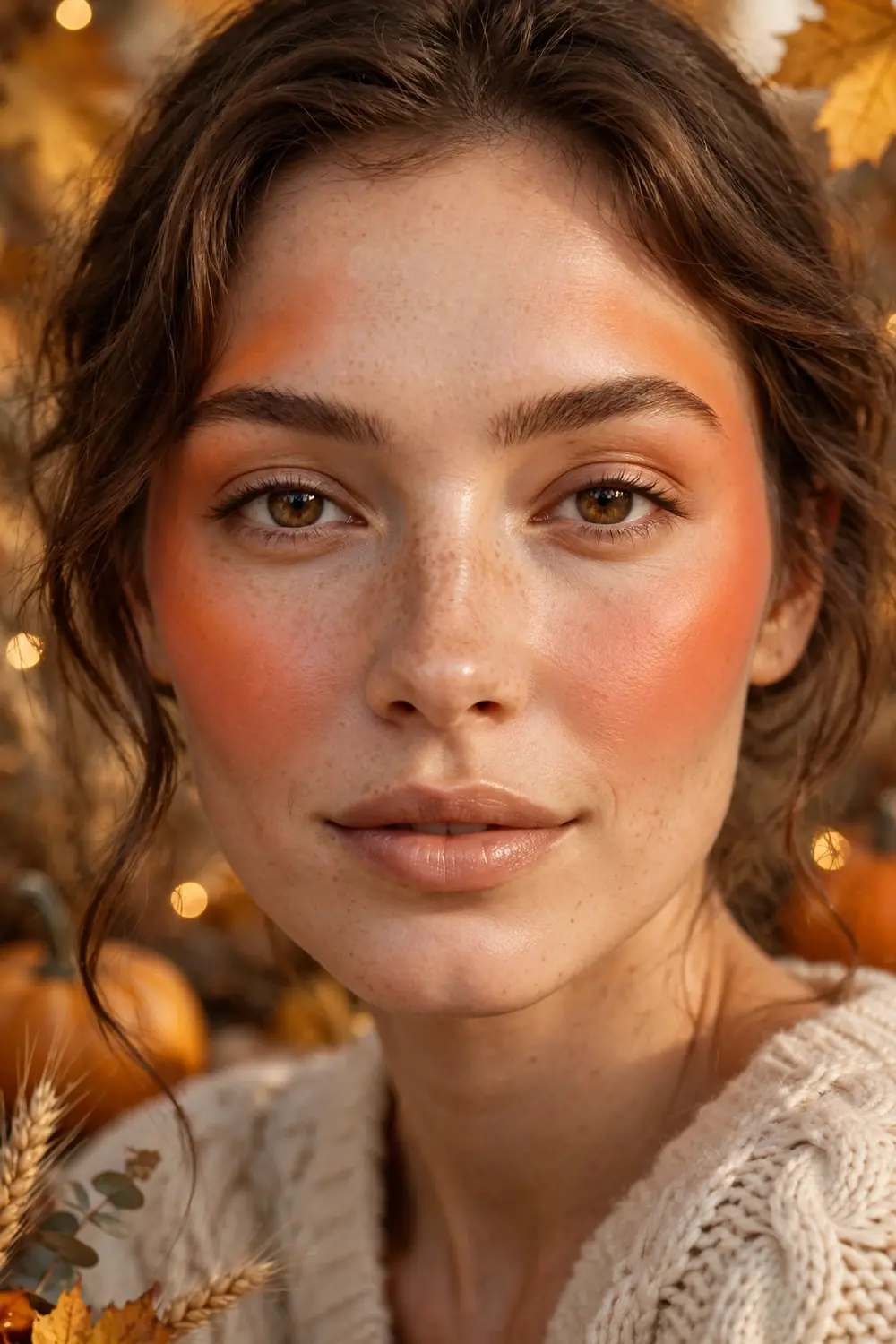 Warm pumpkin spice blush draped across cheeks and temples