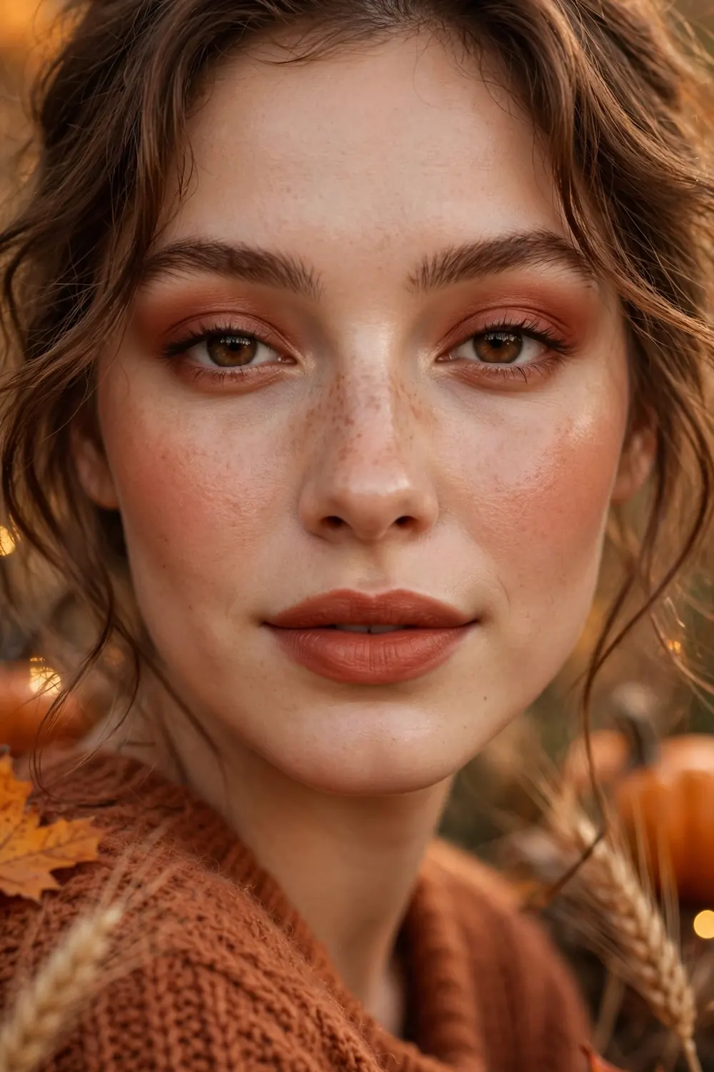 Terracotta monochrome makeup on eyes cheeks and lips