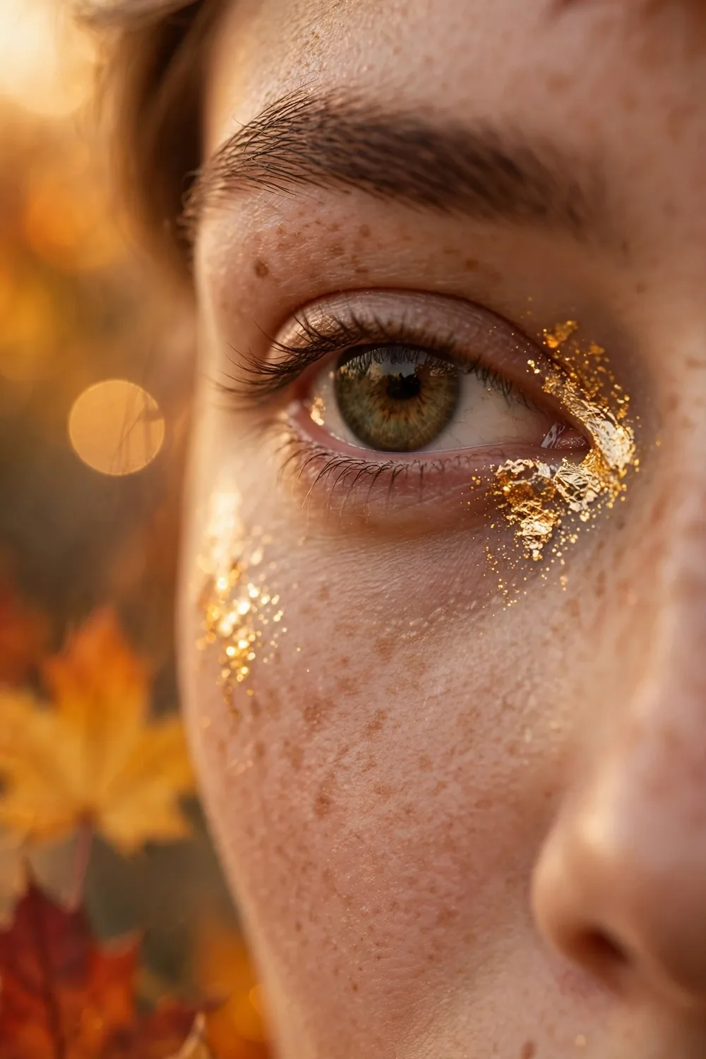 Gold foil shimmer accent on inner corners of eyes