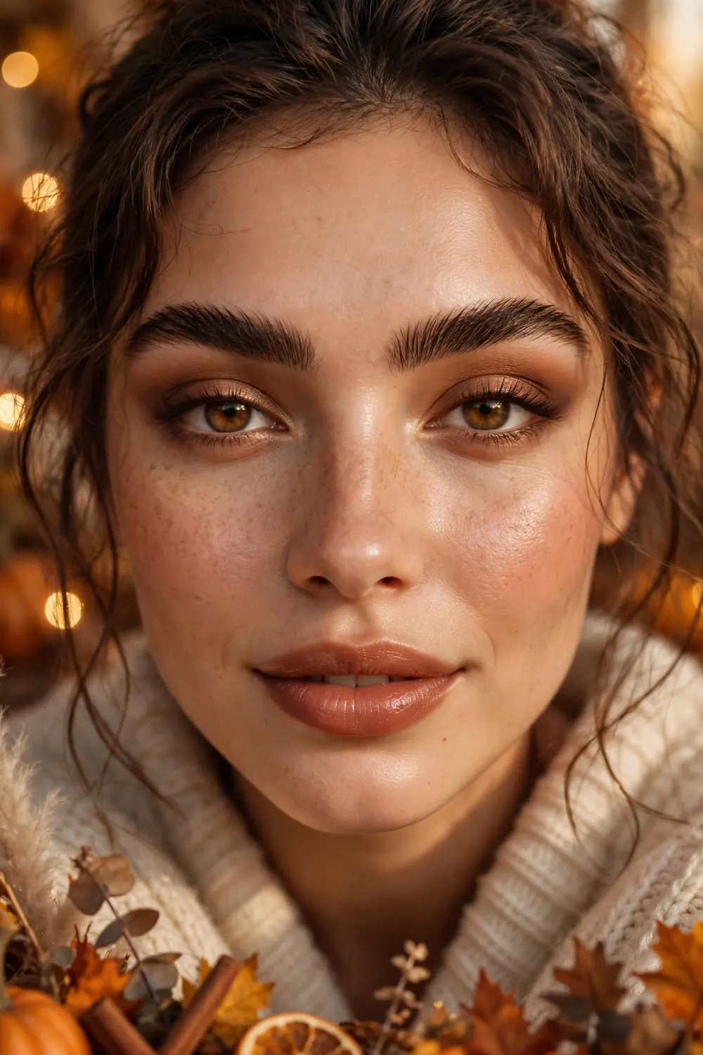 Soft glam makeup with natural feathered eyebrows