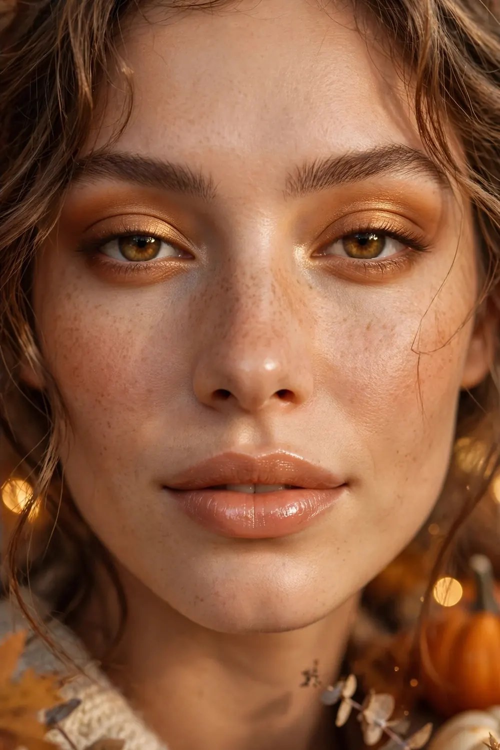 Amber eyeshadow with nude glossy lips makeup look