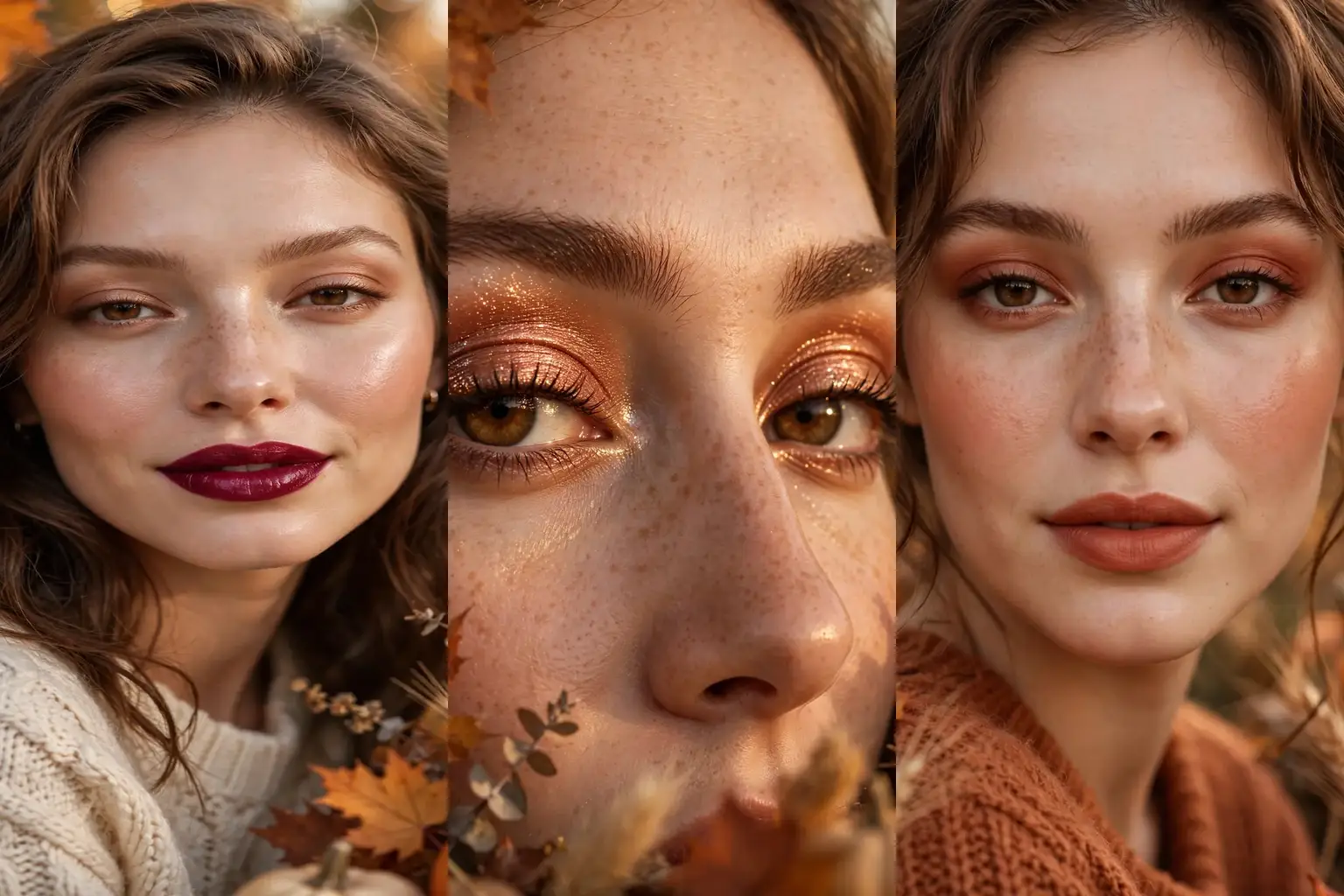 Collage of three Thanksgiving makeup looks for women
