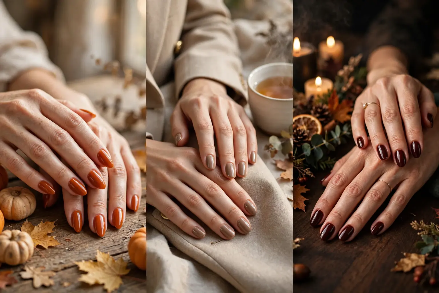 Three elegant Thanksgiving nail ideas, burnt orange almond, warm taupe creme and mahogany sheen