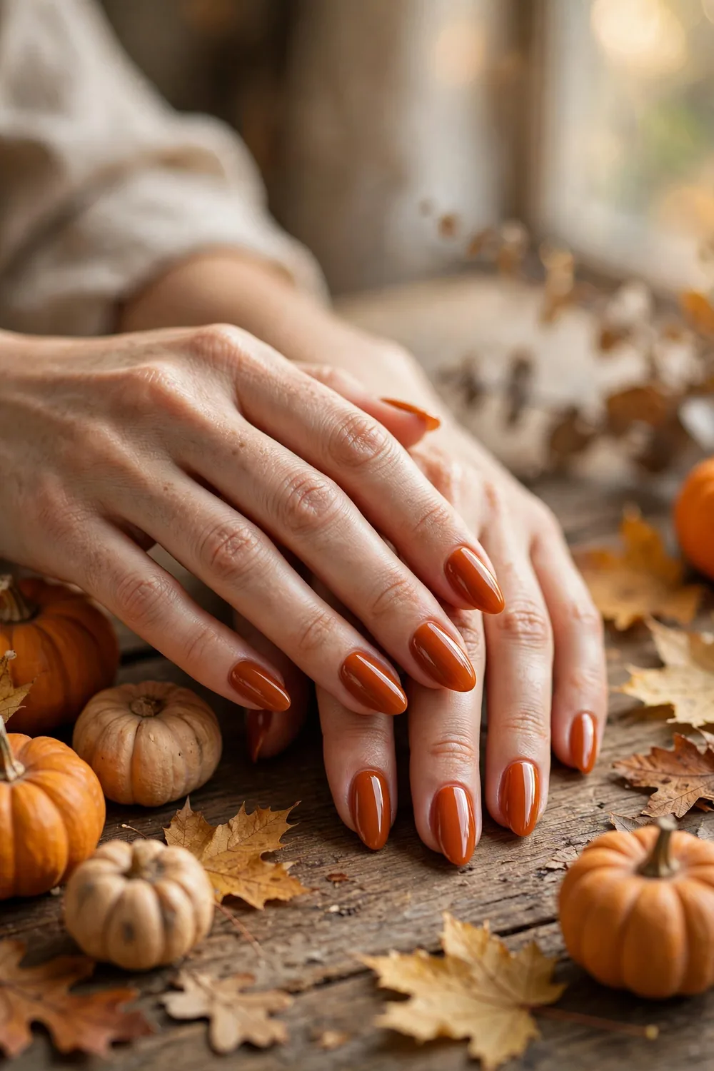 Burnt orange almond Thanksgiving nails
