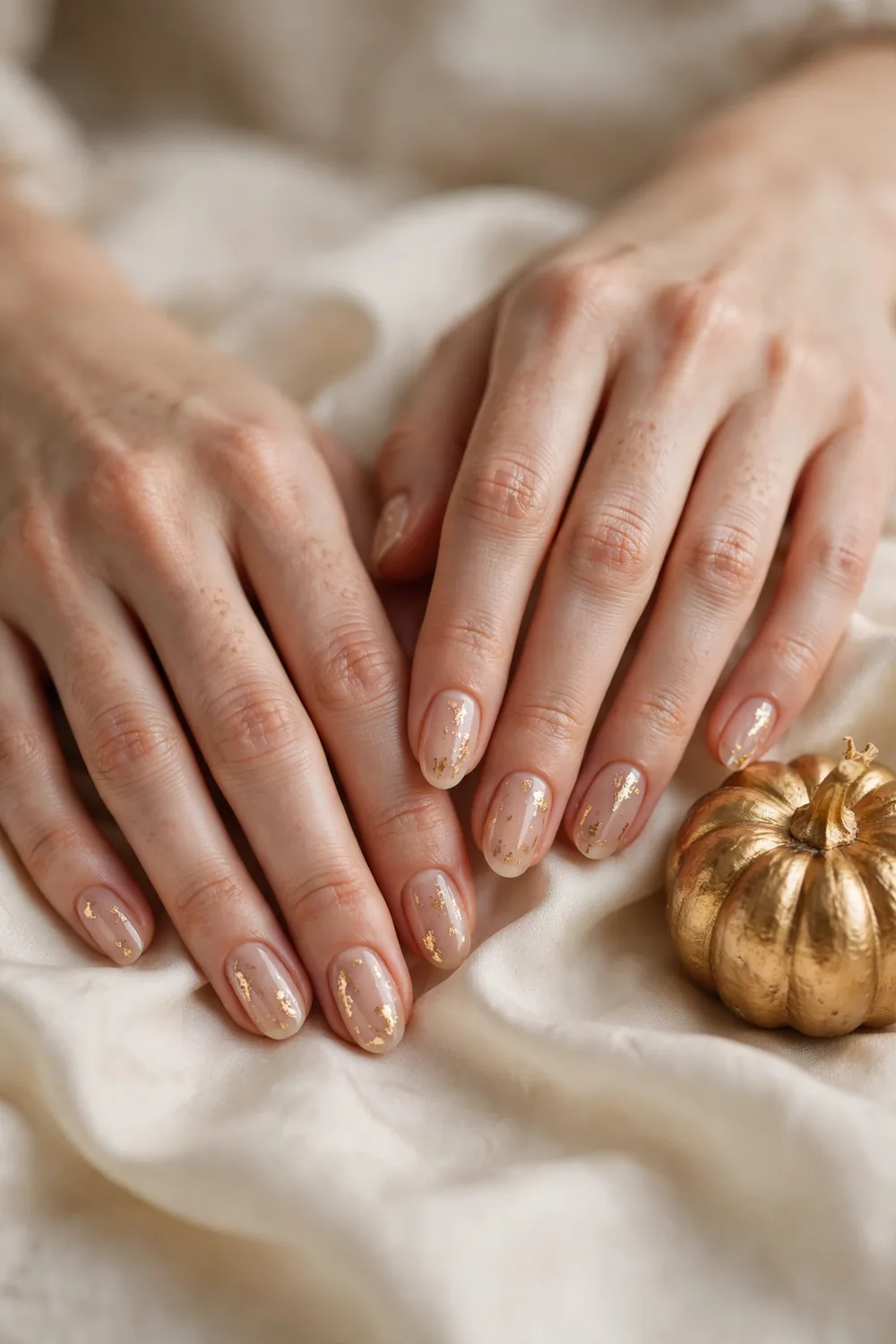 Nude nails with gold foil Thanksgiving manicure