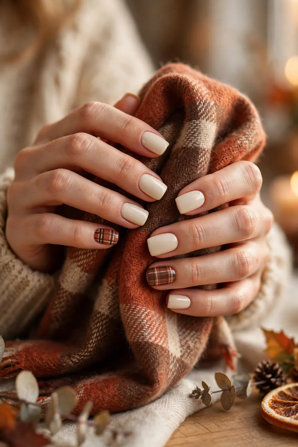 Autumn plaid accent Thanksgiving nails