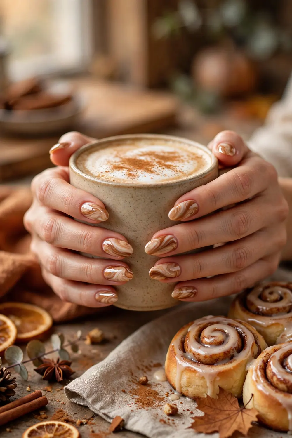 Cinnamon marble swirl Thanksgiving nails